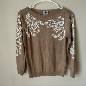 Rain + Rose Angora Blend Tan White Floral Embroidered Sweater Crewneck Size XS